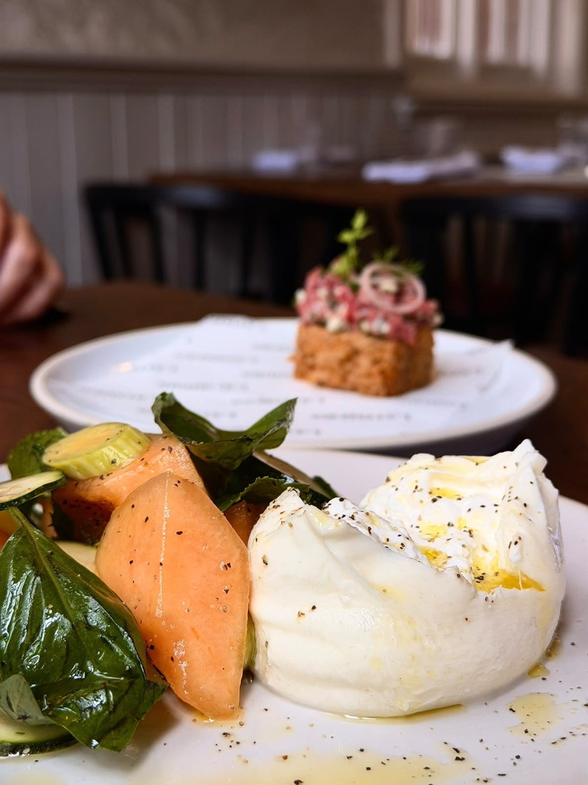 Burrata with melon and spinach at Latimers