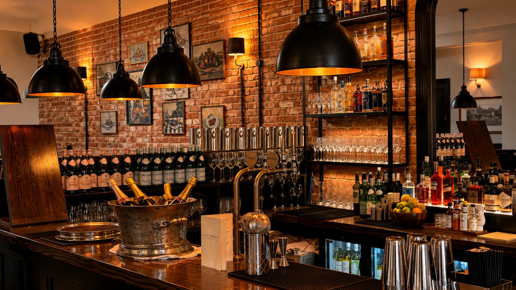 The bar at Latimers restaurant in Romsey, warm pendant light and exposed brick
